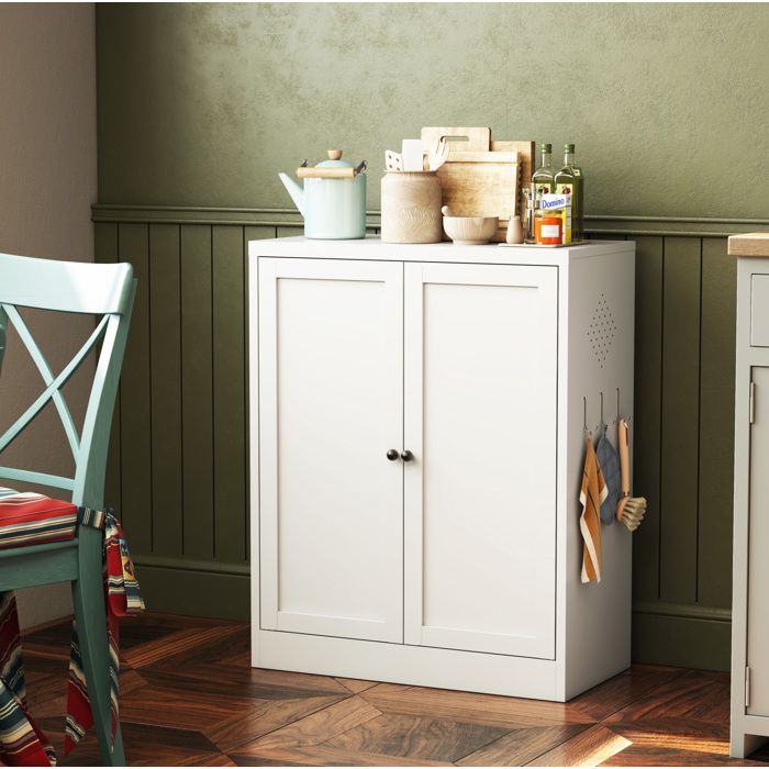 WOVREO Buffet de cuisine en metal blanc 70 x 35 x 88 cm avec 2 portes etageres reglables et crochets