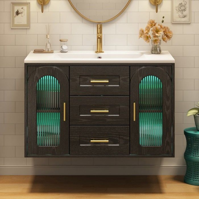 Meuble vasque mural noir verre cannelé LED rangements modulables sans robinet salle de bain moderne 76x46x55cm Meuble vasque mural noir verre cannelé LED rangements modulables sans robinet salle de bain moderne 76x46x55cm