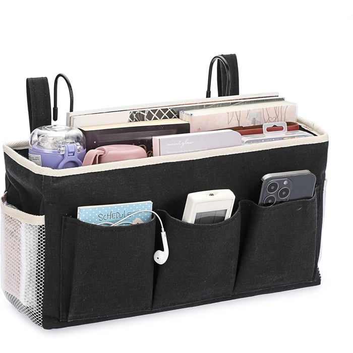 Organisateur de chevet suspendu 6 poches étanches - sac en toile Oxford avec fixation autocollante magique noir