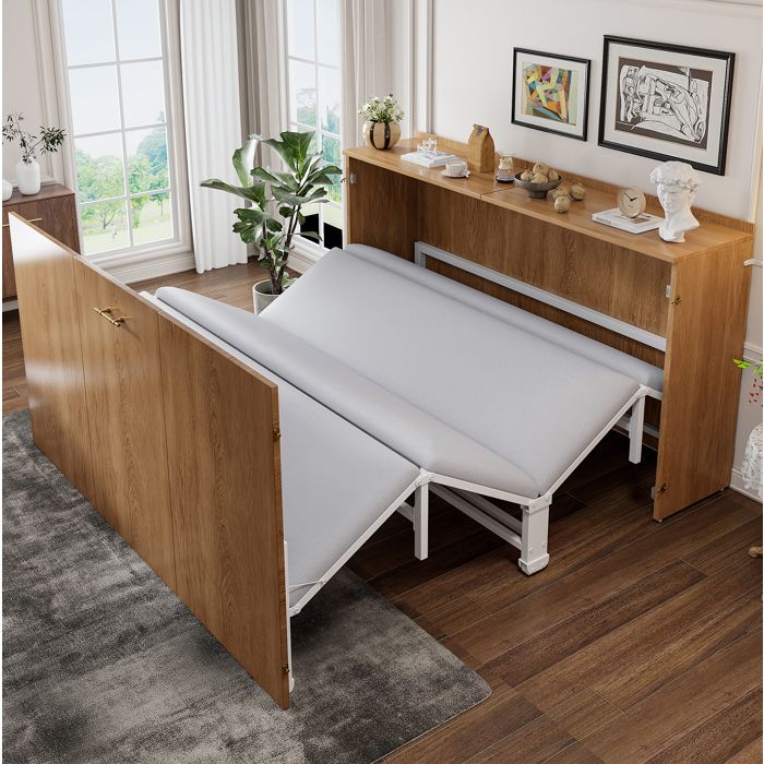 Lit escamotable 140 x 200 cm avec matelas inclus structure métal décor bois roulettes silencieuses