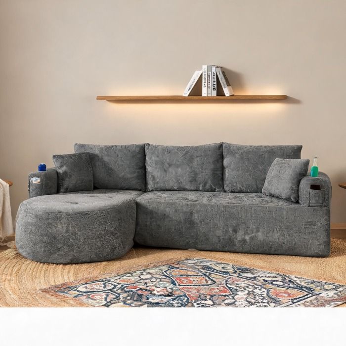 Canapé dangle L modulable en lin classic gray avec rangement et porte-gobelet inox