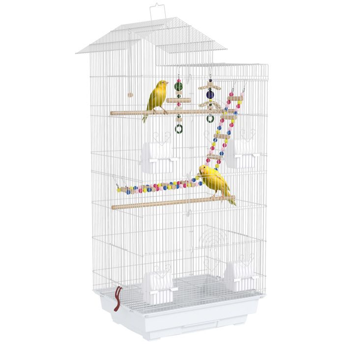 Cage à Oiseaux pour Perruches Canaris avec Accessoires Jouets et Plateau Blanc 46x36x100 cm