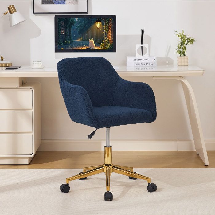 Chaise de bureau pivotante avec hauteur réglable et roulettes - MODENVIE - tissu Teddy base dorée bleu foncé