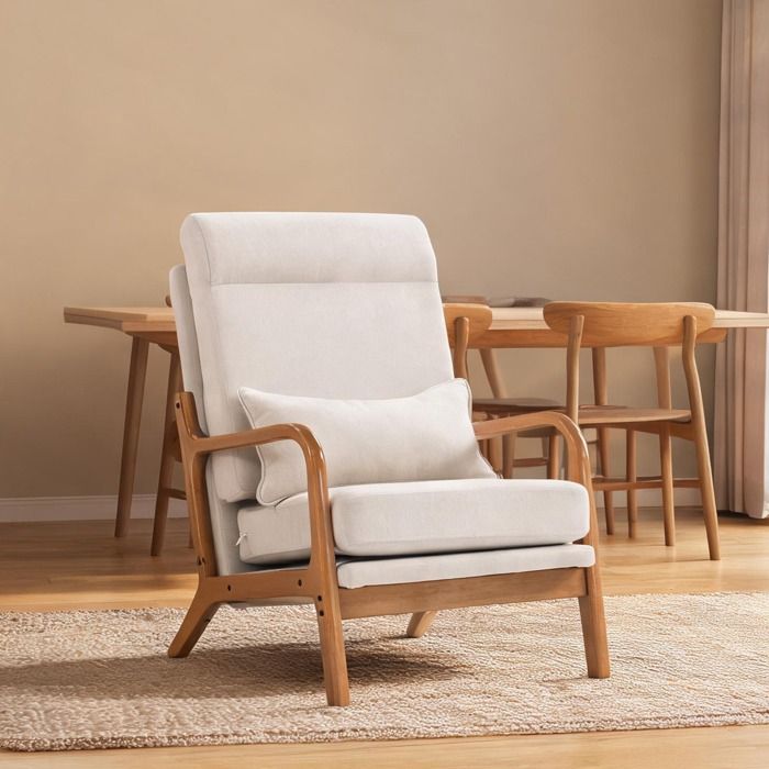 Fauteuil en tissu effet lin crème dossier haut et soutien lombaire assise large - Crème Tissu de lin (100 polyester) Bois 33.86