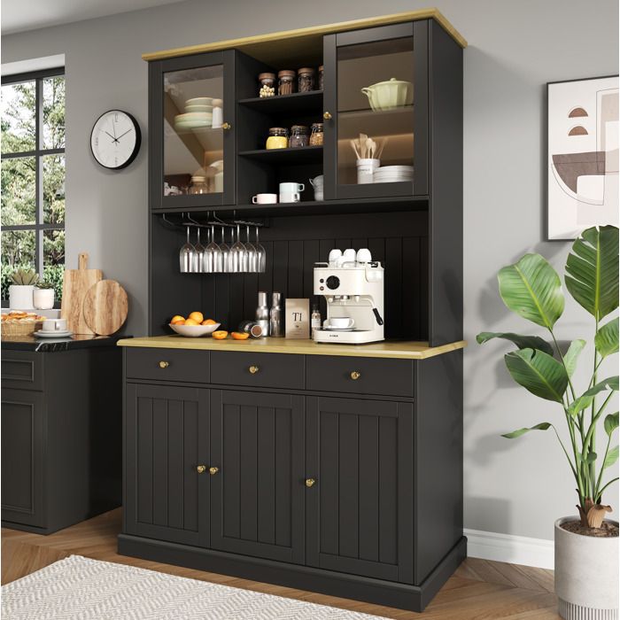 Buffet haut 120 x 40 x 191 cm noir avec portes vitrees range-verres prise et USB
