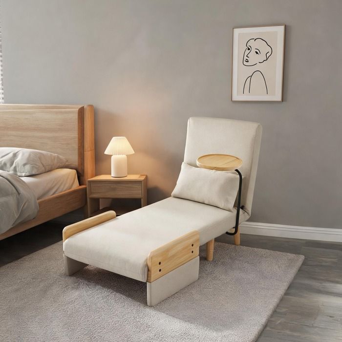 Fauteuil-lit 1 place 3-en-1 en lin beige-toned dossier 6 positions et plateau bois - Beige Linen 74.5 x 66.0 x 88.0 cm Ref UDIRYC