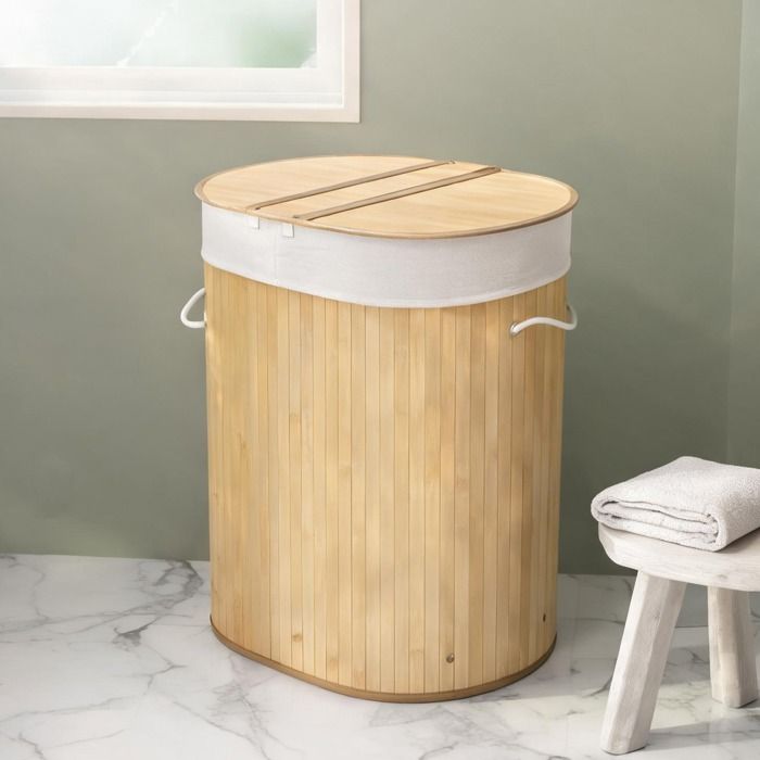 Meuble panier à linge bambou naturel 100L à deux bacs couvercles et sac amovible 625 x 37 x 605 cm
