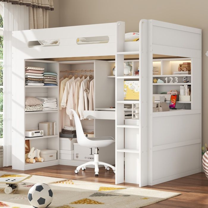 Lit mezzanine 90×200 cm lit enfant avec bureau multiples étagères ports USB et armoire lit simple avec éclairage LED blanc