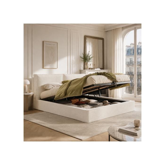Lit coffre - SOGEU - 180 x 200 - Tissu bouclette beige - Sommier à lattes inclus - Rangement hydraulique