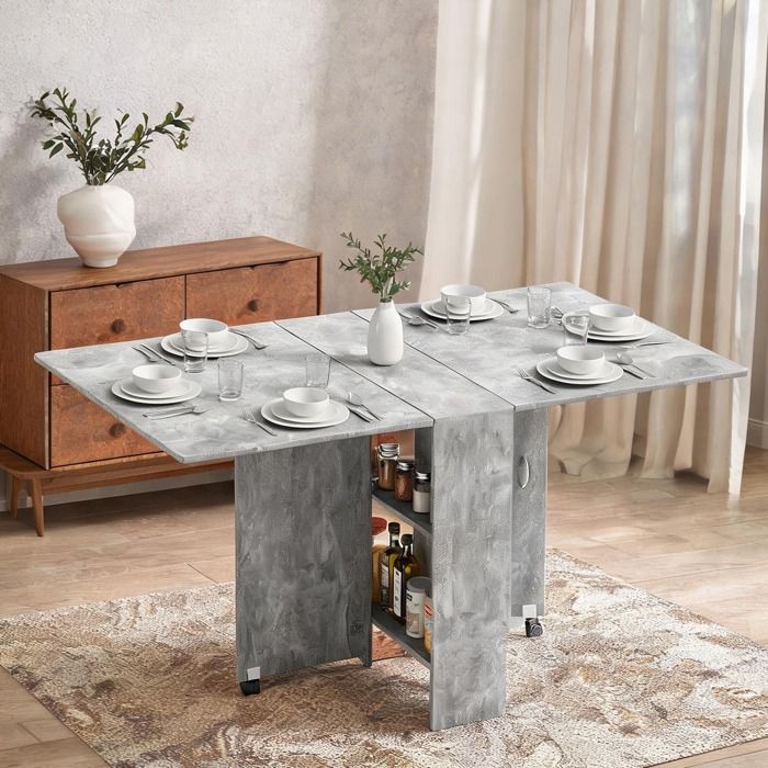 Table à manger pliante et extensible en panneaux de particules grise avec roulettes et étagères