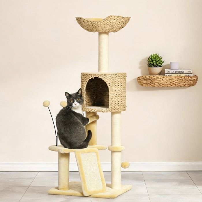 Tour dactivité pour chat 116 cm en aggloméré neutre beige avec niche panier et griffoirs sisal