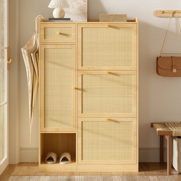 Meuble à chaussures 80 5 x 25 x 125 cm avec 3 abattants 1 tiroir et 1 porte - design rotin - panneaux de particules - Naturel