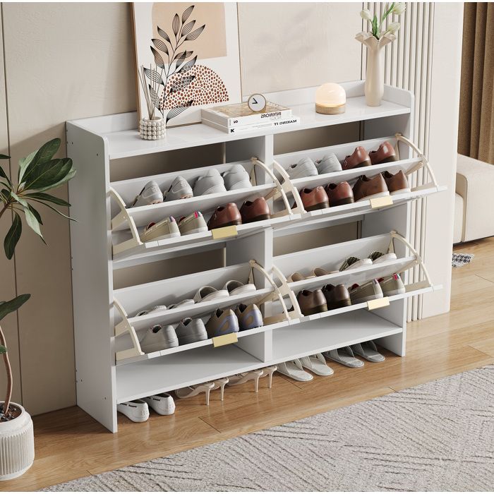 Meuble à chaussures blanc 4 portes battantes avec étagères réglables pour entrée et couloir en panneaux de particules TYNQER
