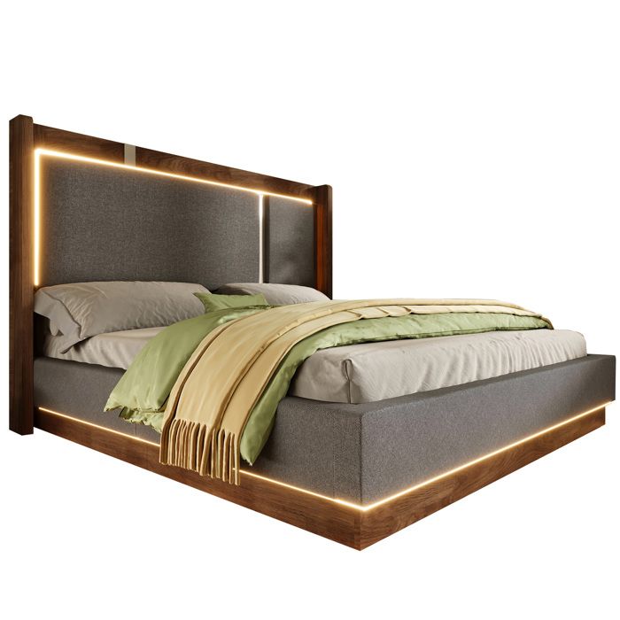 Lit double 160 x 200 cm en lin gris avec sommier à lattes LED intégrée et coffre hydraulique sans matelas