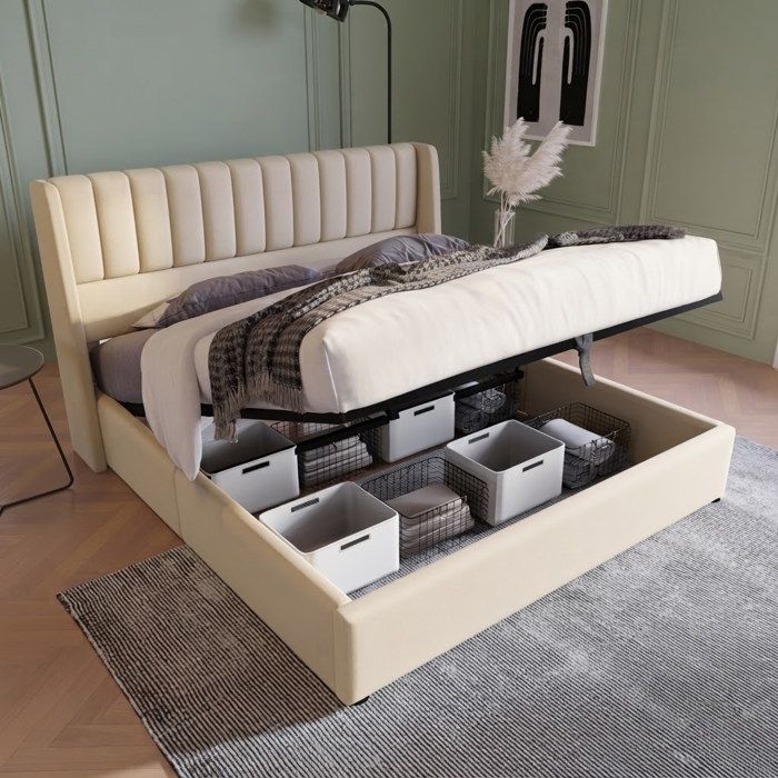 Lit Coffre 160x200 Lit Rembourré avec Rangement Anajqaqia lit double Lit hydraulique cadre de lit Adulte en lin Beige