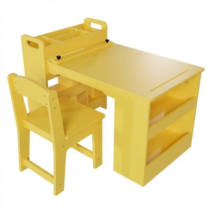 Table dactivités Enfant avec 2 Chaises Blanc Bureau Créatif en Bois avec Rangement Pince Papier et Porte-Rouleau 124cm Jaune