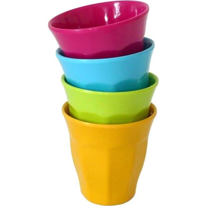 YOKO DESIGN Lot de 4 gobelets mélamine vert, jaune, bleu et fuchsia