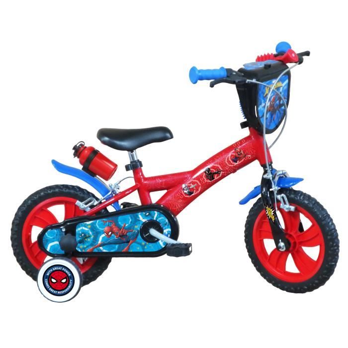 Vélo enfant 12'' garçon Spiderman Pour enfant < 90 cm - équipé de 2 freins, 2 stabilisateurs amovibles et plaque avant décorative