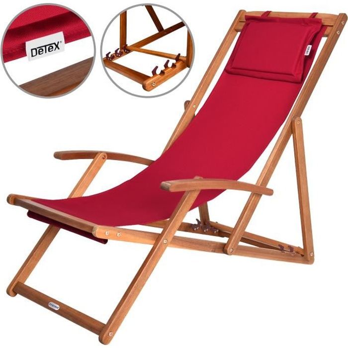 Transat de jardin rouge en bois d'acacia pliable