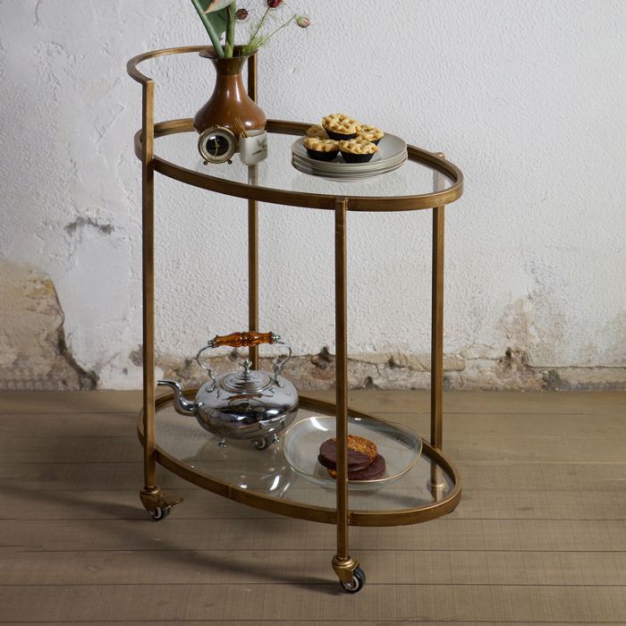 Desserte à roulettes 67x35x86 cm en verre et métal laiton