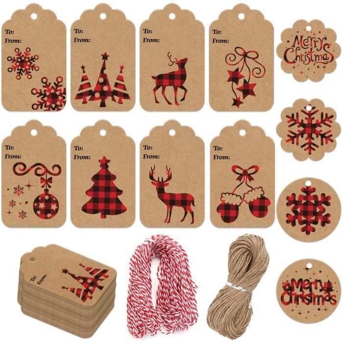 SaktopDeco Lot de 100 étiquettes de Noël en papier kraft blanc et doré avec ficelle de 20 m pour loisirs créatifs, gâteaux, bonbons