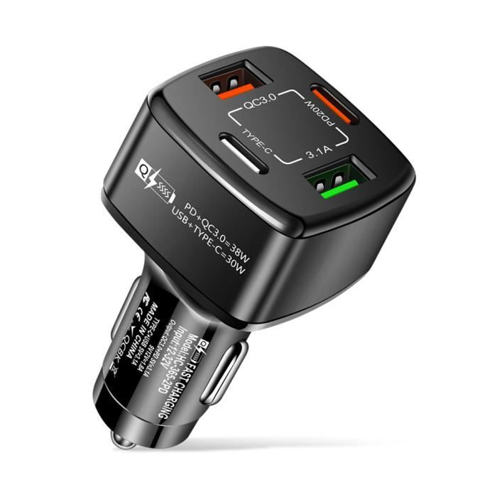 Chargeur Voiture USB-C 111W Avec 4 Ports Et Voltmètre - Rapide QC3.0/PD Pour Smartphone, Tablette, GPS - Noir