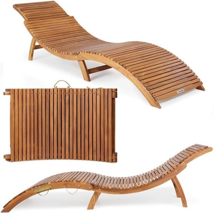 Chaise longue pliable en bois d'acacia avec appuie-tête réglable Transat en bois Bain de soleil jardin extérieur