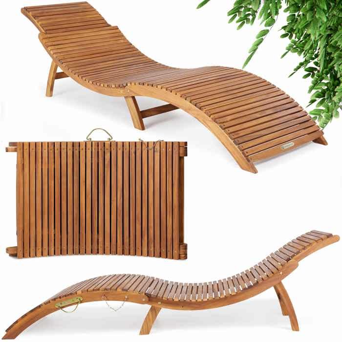 Chaise longue pliable en bois d'acacia avec appuie-tête réglable Transat en bois Bain de soleil jardin extérieur