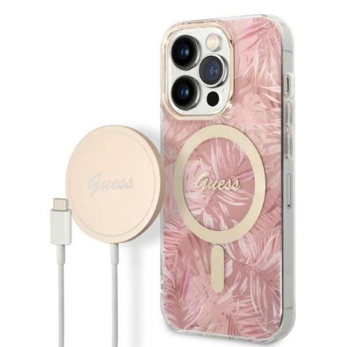 Guess Bundle Pack MagSafe IML Jungle Set coque pour iPhone 14 Pro + chargeur MagSafe Or 3666339103347