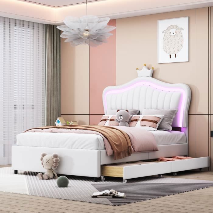 Lit enfant - LEYTN - 90 x 200 cm - Blanc - 2 tiroirs - LED multicolore - Tête de lit réglable