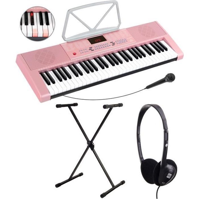mcgrey lk-6120-mic clavier à touches lumineuses avec microphone set comprenant statif et casque rose