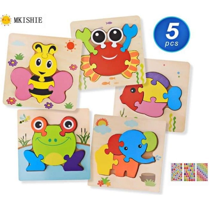Puzzle en Bois Animaux pour Bébé - MKISHINE - Jouet Montessori Educatif 3D  - 5 Puzzles - 3 Ans et Plus