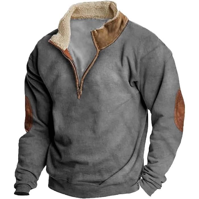 Sweat Polaire Homme Automne Et Hiver Homme Vintage Confortable Sweat Homme  Sans Capuche Vintage Zipp Homme Manches Longues gris