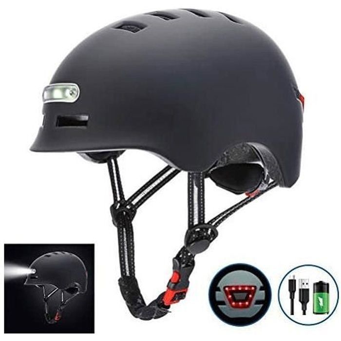 Casque de Vélo / Planche à roulettes USB Rechargeable - Éclairage Avertissement et Phares, Léger, Respirant, Imperméable (M,L, Noir)