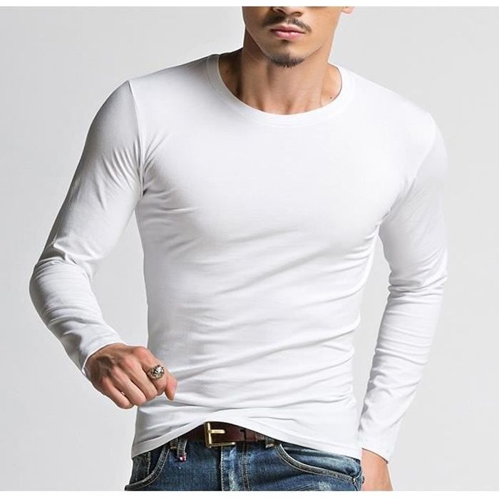 Homme coton T-Shirt Couleur unie manche longue slim Casual O-Neck tee shirt Tops Blanc