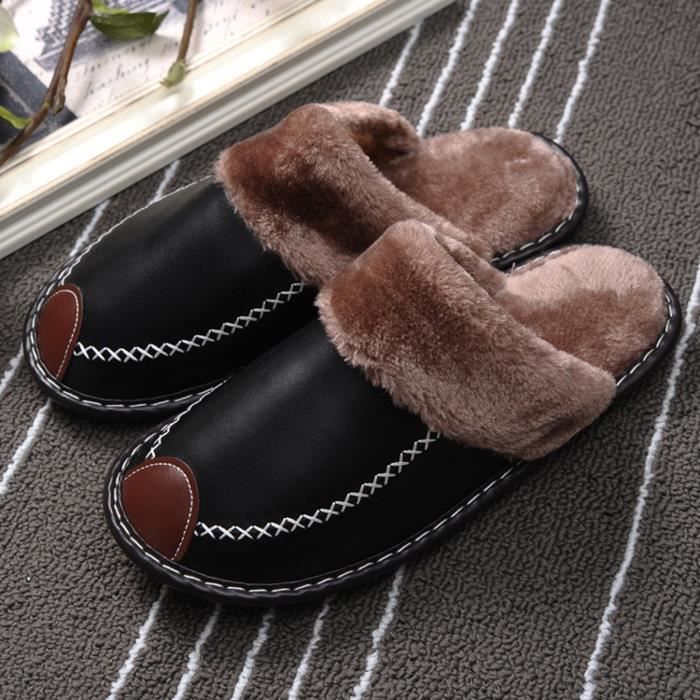 Pantoufles En Cuir Pu Impermeables Et Chaudes