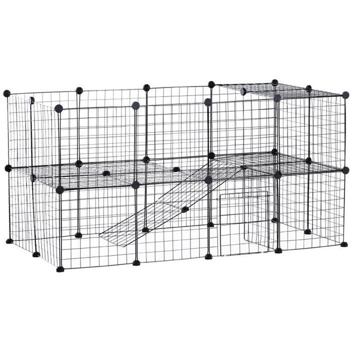 Pawhut Cage Parc enclos pour Animaux domestiques L 146 x l 73 x H 73 cm modulable 2 Niveaux 36 Panneaux Bords arrondis Fil métallique Noir 