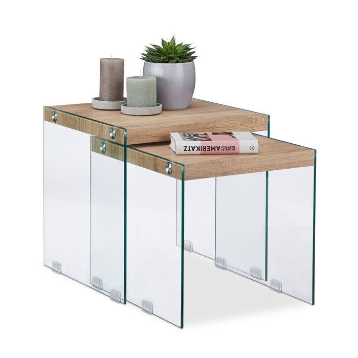 Relaxdays Set de 2 Table Gigogne Dessus de Table massif Table d’appoint Verre noble Table de Salon Haut 40-45 cm Nature