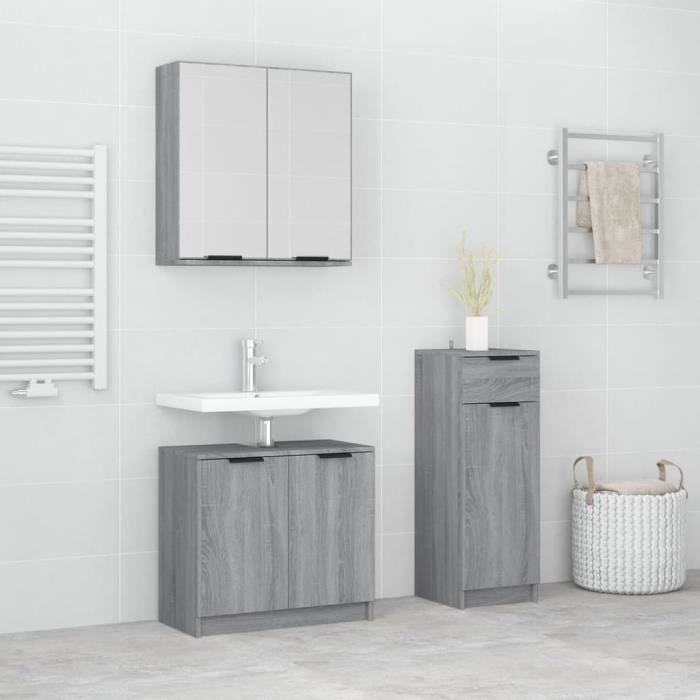 Ensemble Meuble Salle De Bain 3 Pièces VidaXL - Gris Béton, Armoire, Miroir, Rangement