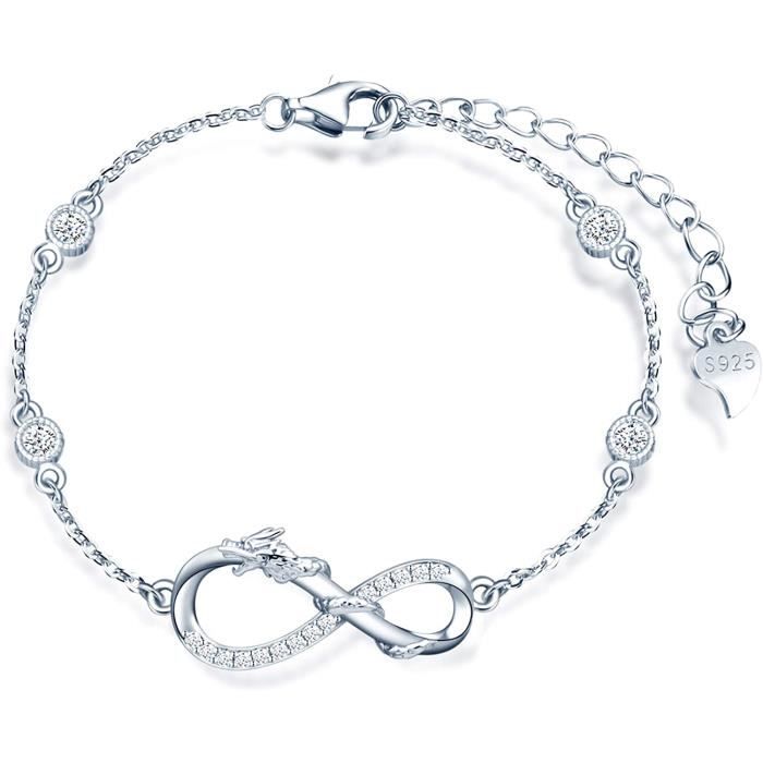 bracelet réglable Bracelet en argent sterling 925 pour femme et fille Cadeau de Noël ou d'anniversaire bracelet avec symbole infini incrusté de zircon argent