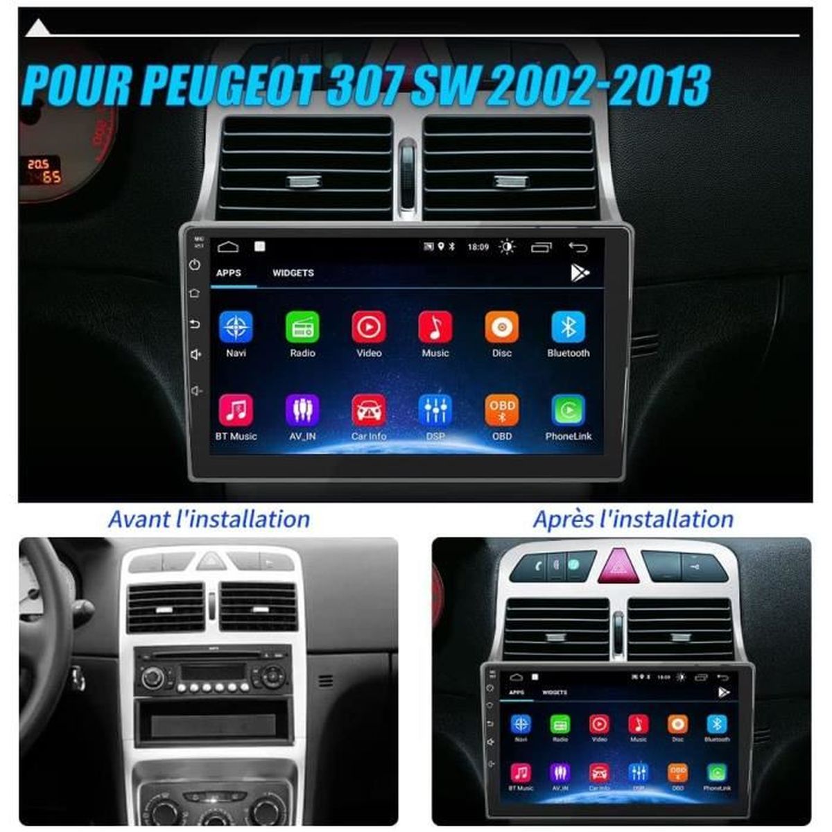 écran Android Auto Autoradio Android 9" Pour Peugeot 307 2002-2013 - 2GB/ 64GB - Carplay/Android Auto Sans Fil - GPS - Caméra Recul Autoradio Peugeot 307