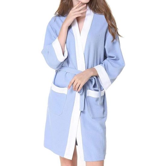 QQI Unisexe Tissage Gaufré Femme Peignoir de Bain Femme Homme 100% Coton Waffle Robe de Chambre col V Pyjama pour lhôtel Spa Sauna Vêtements de Nuit 