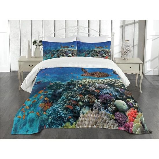 Housse de Couette Poisson Tropical Corail 3D Tortue de Mer Requin