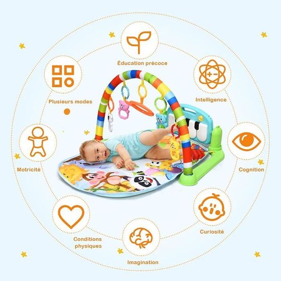 Costway tapis d'éveil musical pour bébé 0-36 mois avec arche de jeu, 5  jouets amovibles, clavier de piano pivotant, tapis de jeux coloré pour  enfants avec lumières et musique, 79 x 60