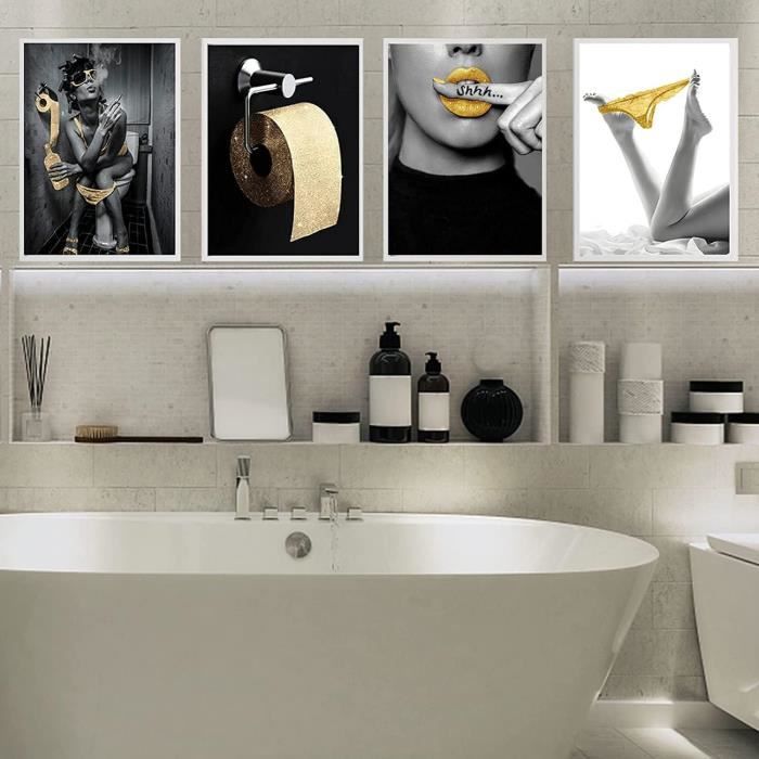 Lot 4 Posters Amusants Salle De Bain WC Avec Cadres Noirs – Citations Drôles Toilettes A4, Décoration Humoristique
