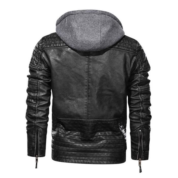Blouson Homme en Cuir a Capuche Epaissir Chaud OEIN Veste Moto Noir Noir Cdiscount Pret a Porter