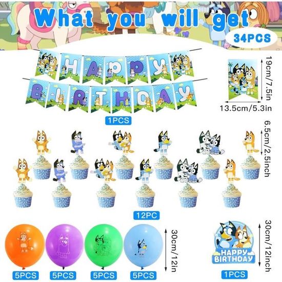 Decoration Anniversaire, Bluey Fournitures de Fête d'anniversaire pour  Enfants Dog Theme Anniversaire Décoration Kit avec 24 Ballons Anniversaire,  Bannière Joyeux Anniversaire, Décoration de Gâteau : : Cuisine et  Maison