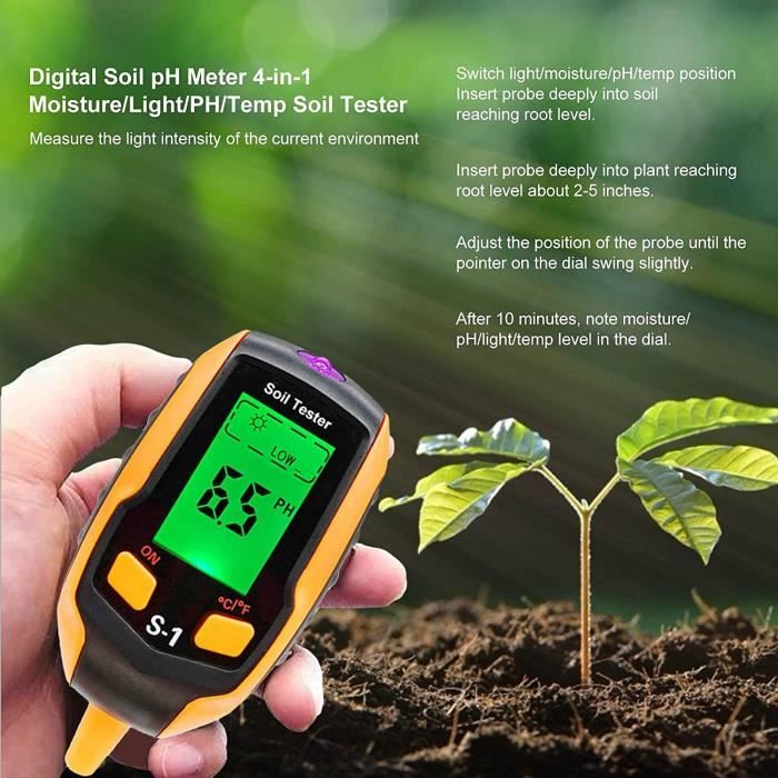 Testeur De Sol Ph Metre Electronique 4 en 1 PH Metre De Sol Humidité  Testeur Terre Electronique pour Jardin Plantes A330