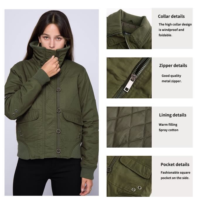 Veste Matelassee Femme Hiver Chaude Veste Zippee Col Montant Couleur Unie Pour Automne Hiver Kaki Cdiscount Pret a Porter