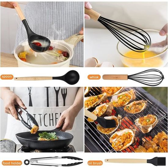 Ensemble D’ustensiles De Cuisine En Silicone 11 Pièces Ustensiles Bois Antiadhe Sifs